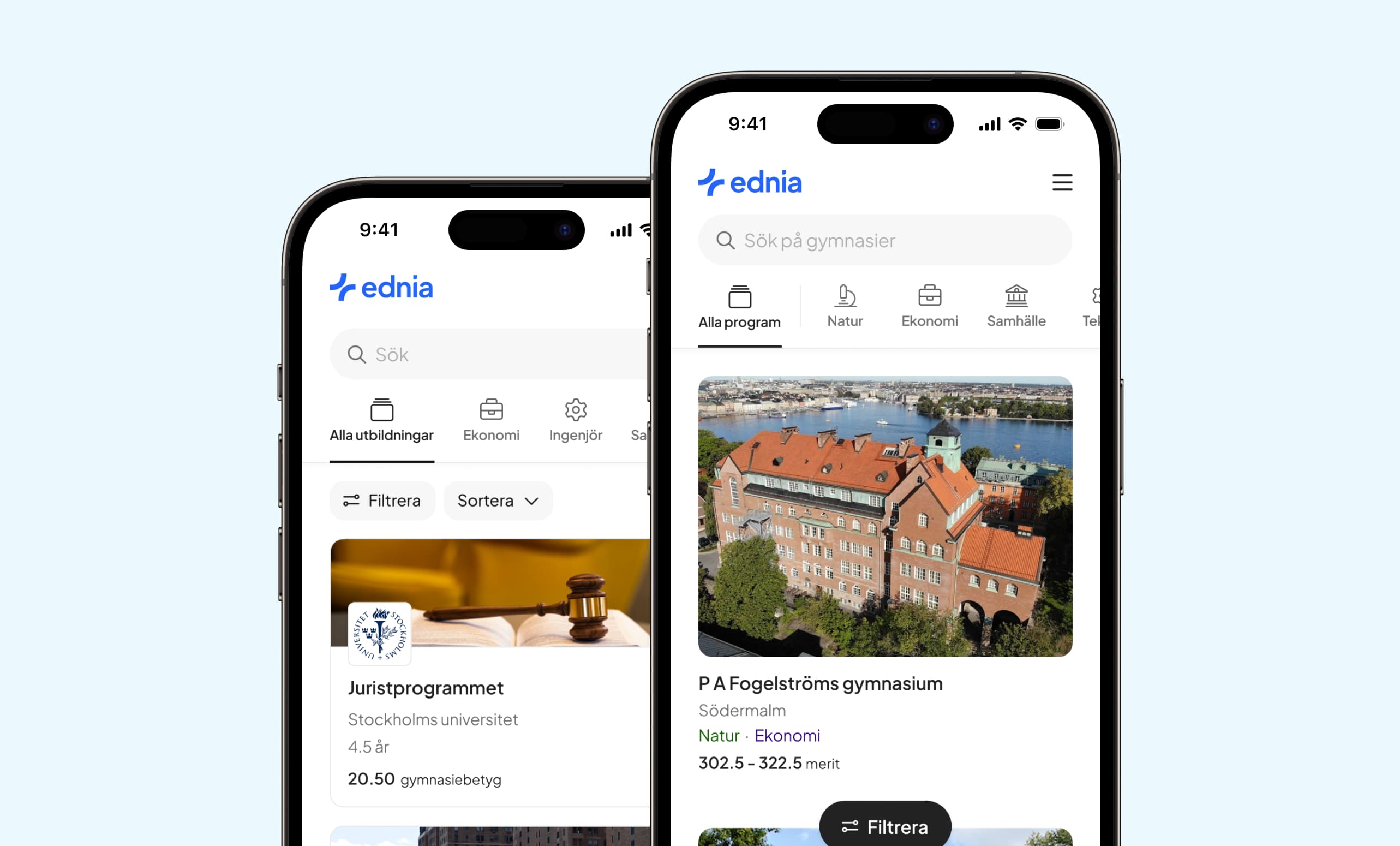 Ednias app visad på två mobiler, med sökning på gymnasier och högskoleutbildningar